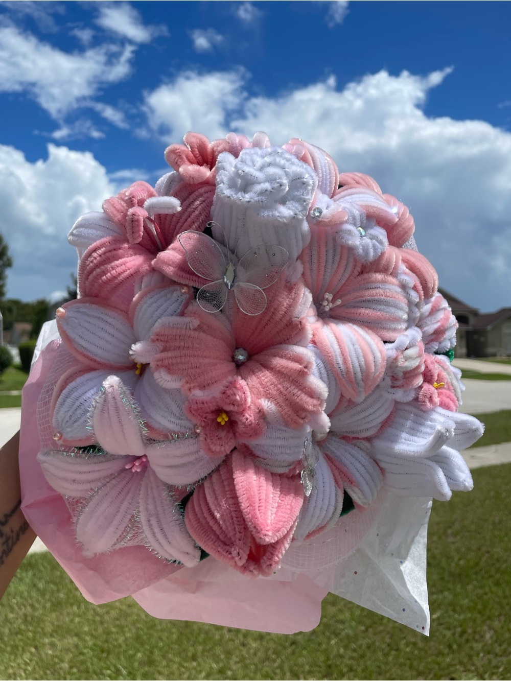 Handmade Pink & White Flower Bouquet for gift anniversary birthday wedding